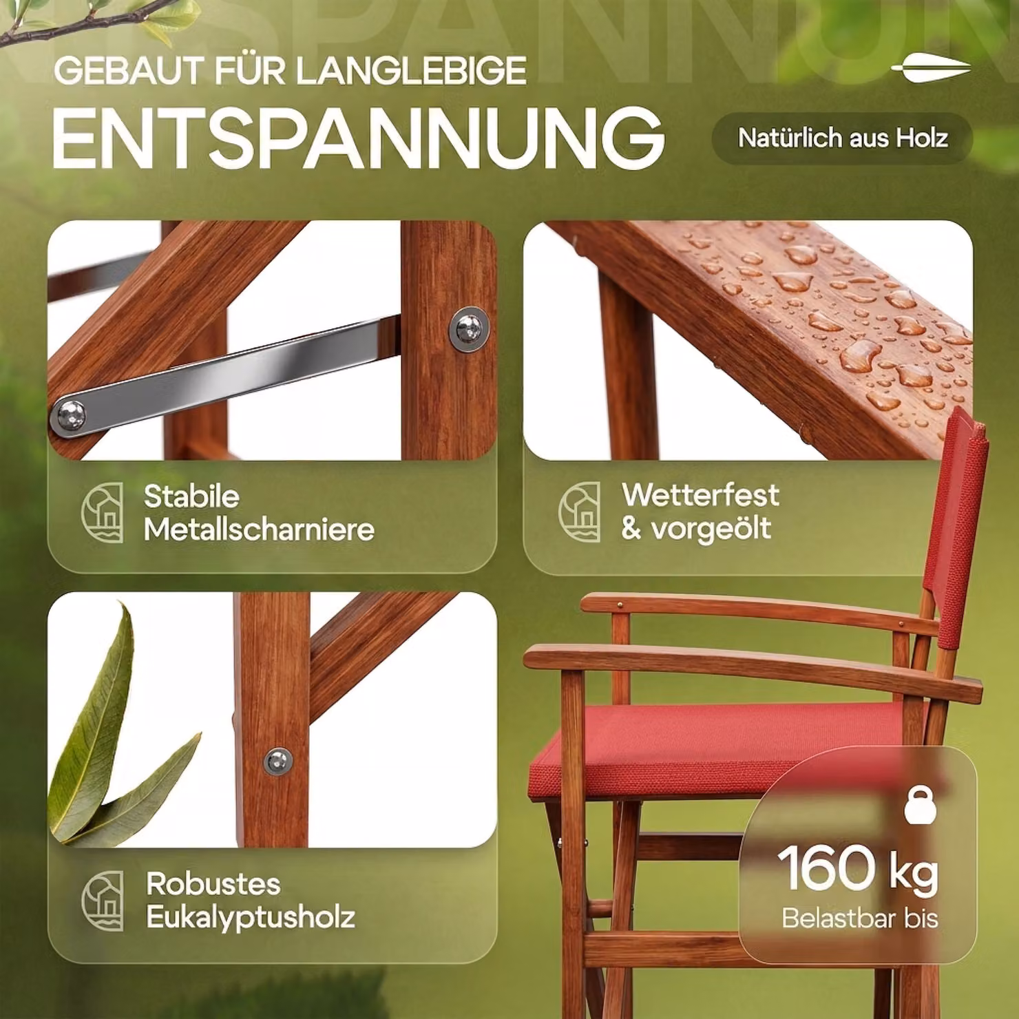 Set di 2 sedie da regista Casaria rosse in legno di eucalipto certificato FSC con tessuto resistente ai raggi UV e braccioli – 2