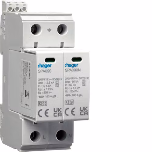 Scaricatore di sovratensione SPD T1+T2 MOV 2P TN-S/TT Rete Iimp=25kA In=50kA Up≤1,2kV Contatto SPA911 Hager