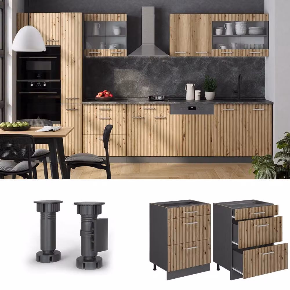 Mobiletto base per cucina Vicco R-Line in Rovere e Antracite con cassetti, senza piano di lavoro, L: 60 cm – 2