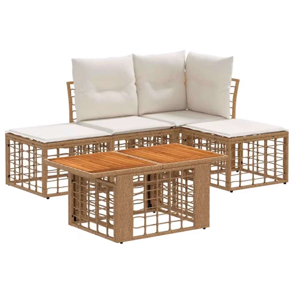 Set Divano da Giardino 5 Pezzi vidaXL in Polyrattan con Cuscini Beige e Bianco per Terrazza e Giardino – 2