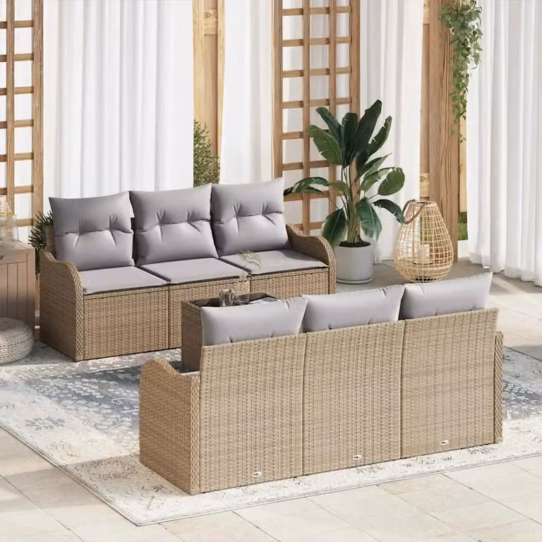 Set da giardino moderno vidaXL composto da divano a 3 posti e tavolino da caffè con cuscini beige e struttura in metallo L/P/H: 55 x 55 x 37 cm