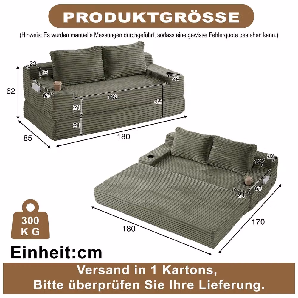 Divano letto 2 in 1 Minimal in tessuto grigio con cuscini, portabibite e tasche portaoggetti – 2