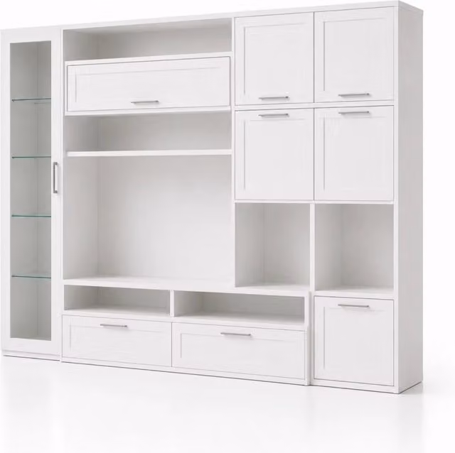 Parete Attrezzata con Vetrina MEGAOFFERTE per Zona Living, Mobile Porta TV con 6 Ante Battenti, 3 Ribalte e Ripiani, Design Moderno Bianco, L 300 x P 50 x H 215 cm – 1