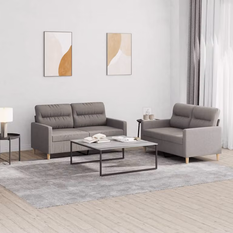 Set di 2 divani moderni vidaXL in tessuto beige e grigio con cuscini e struttura in metallo e MDF