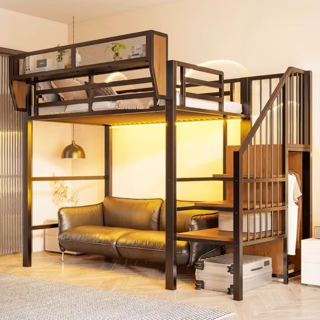 Letto a soppalco singolo MIVRAY in metallo e MDF nero con scala di sicurezza, illuminazione LED multicolore e ripiano rimovibile, L/P/H: 200 x 90 x 191 cm – 1