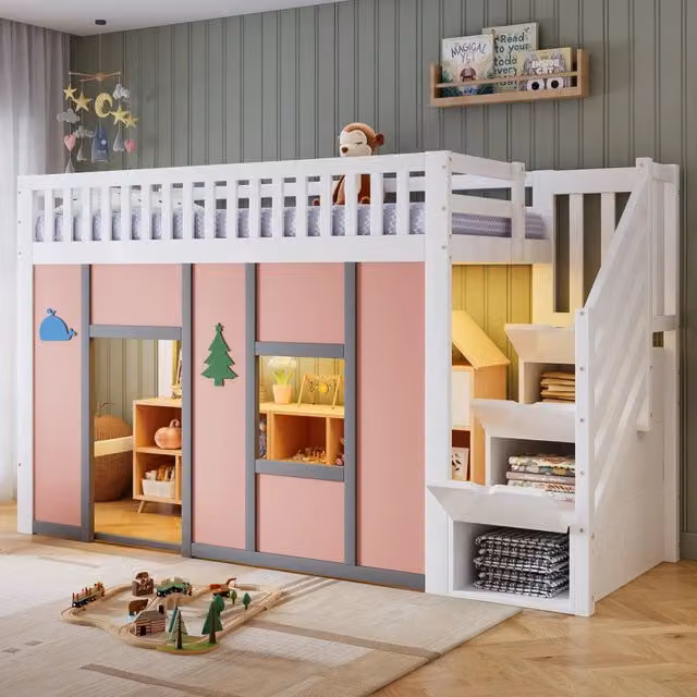 Letto a soppalco per bambini 90 × 200 cm con scala contenitore, LED, barriera di sicurezza, senza materasso, bianco rosa