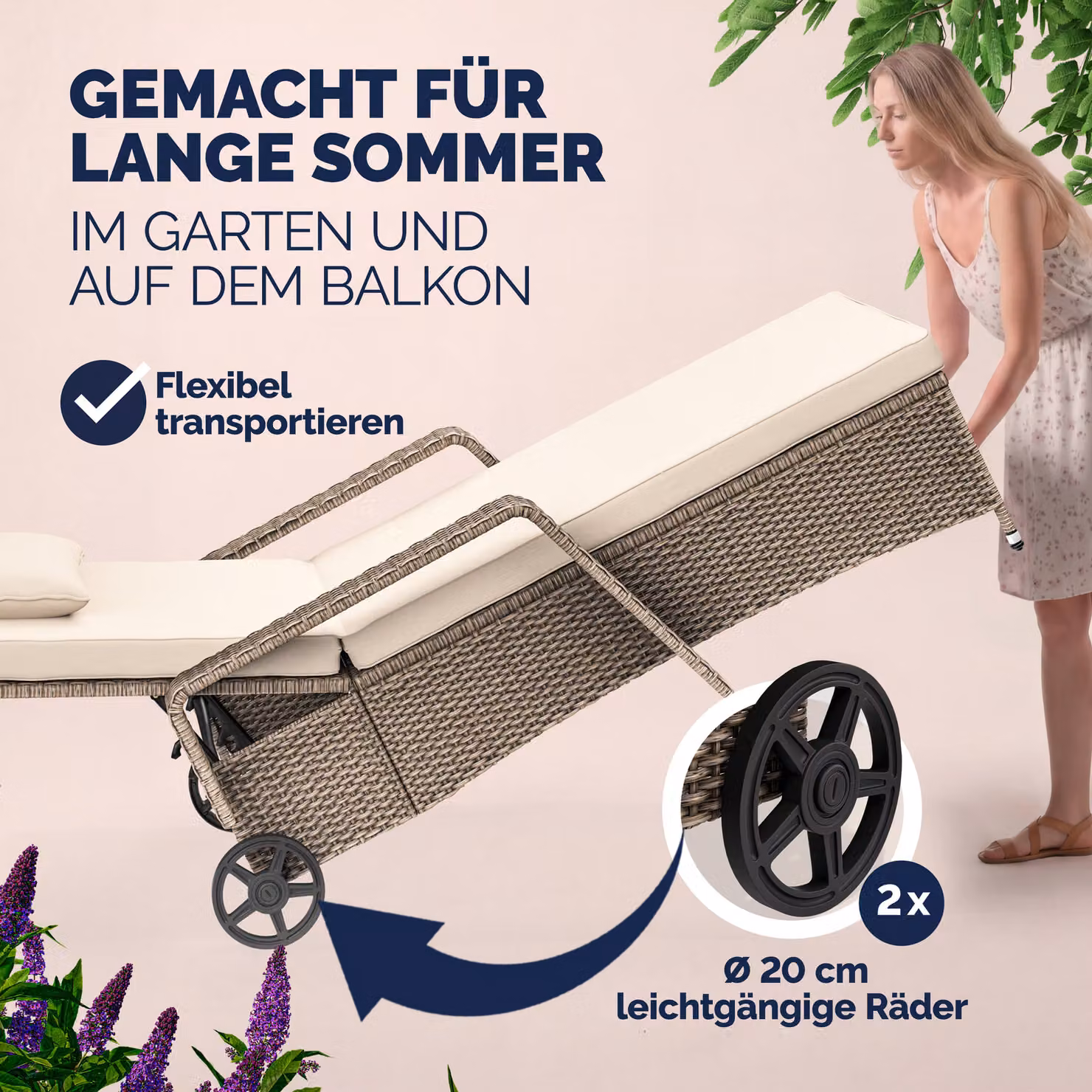 Sdraio da giardino Casaria in polyrattan beige con poggiatesta regolabile e ruote L: 193 cm, P: 90 cm, H: 43 cm – 3