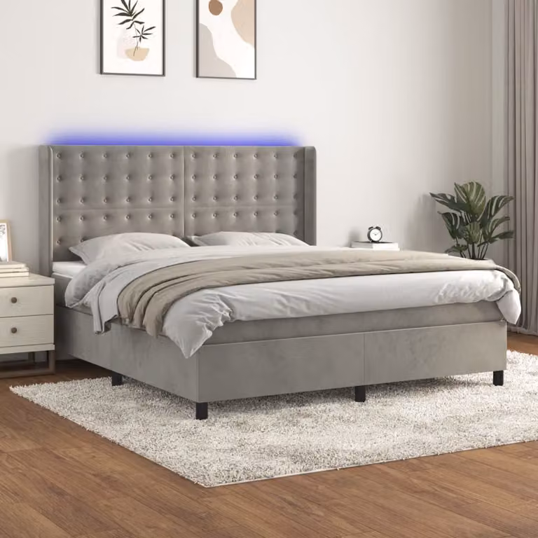 Letto Ibrido con Materasso e LED vidaXL in Velluto Grigio Chiaro, L/P/H: 180 x 200 x 128 cm
