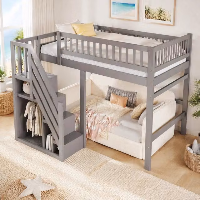 Letto per bambini e ragazzi 140x200 cm con scala contenitore; spondia alta; grigio