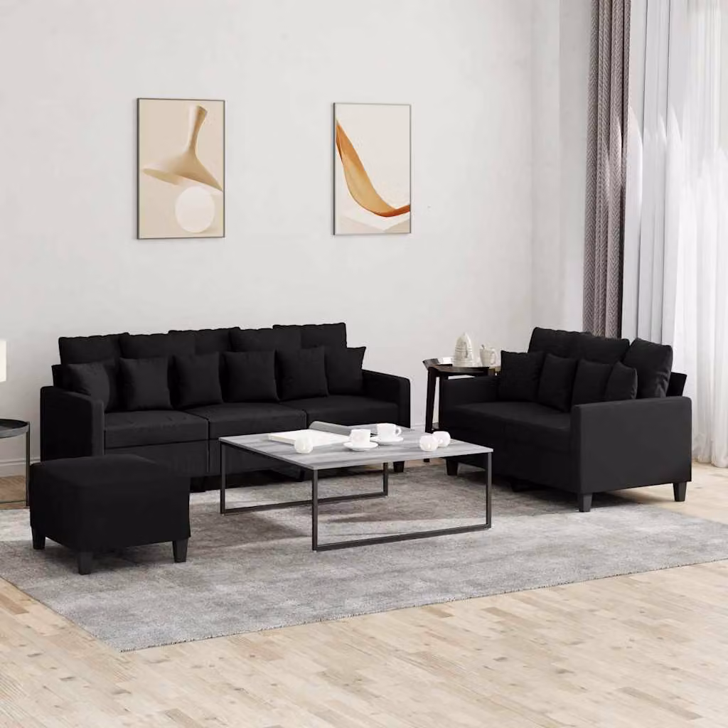 Set di divani vidaXL composto da un divano a 3 posti, un divano a 2 posti e un pouf, in tessuto nero con cuscini inclusi per il tuo soggiorno moderno – 1