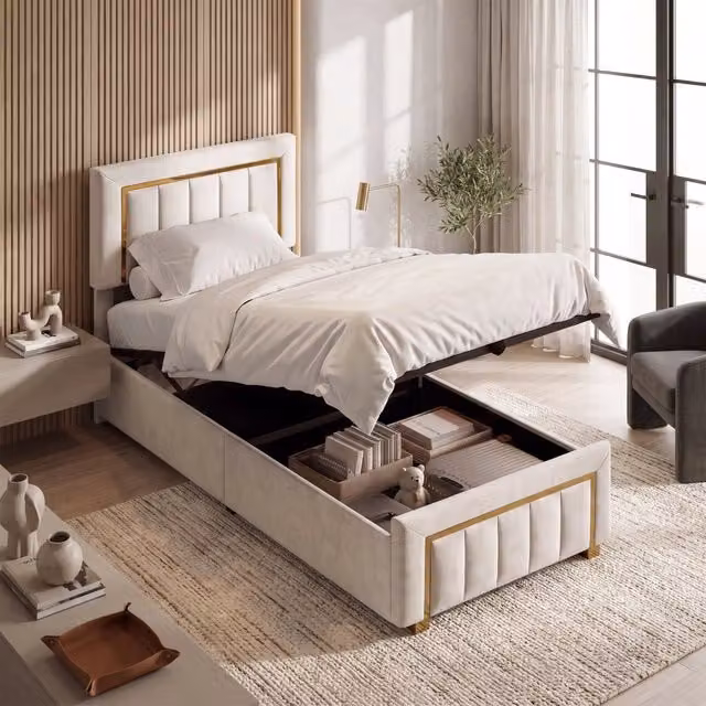 Letto singolo 90x200 cm con contenitore sollevamento idraulico testiera in legno rete a doghe velluto - beige