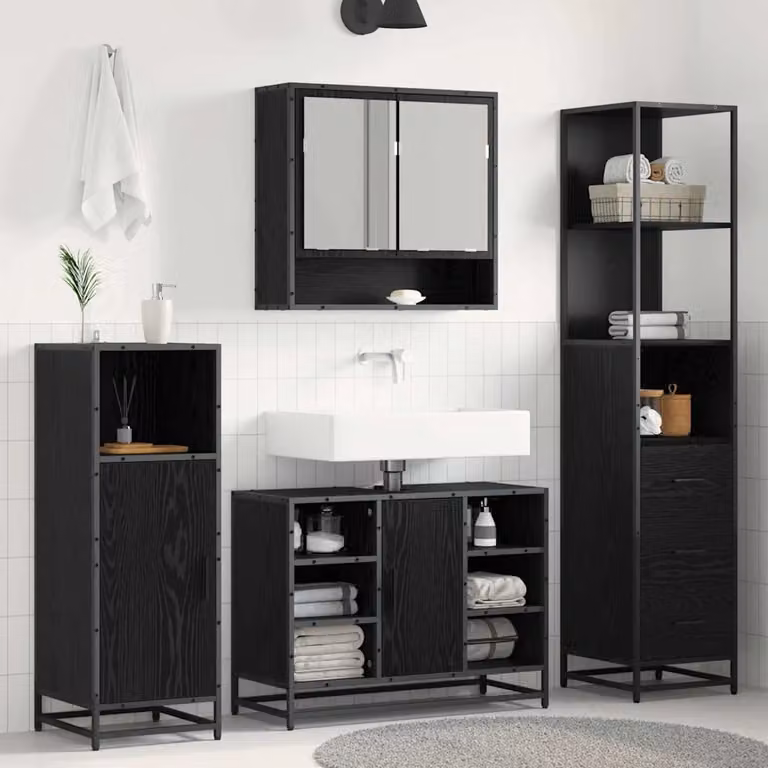Set di mobili per il bagno moderno vidaXL in nero con ripiani e cassetti, L/P/H: 35 x 37,5 x 166 cm