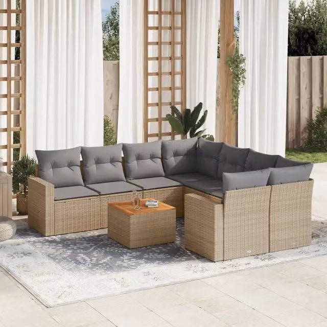 Set Divano da Giardino a L vidaXL in Polyrattan con Cuscini Beige e Grigio e Tavolino da Esterno