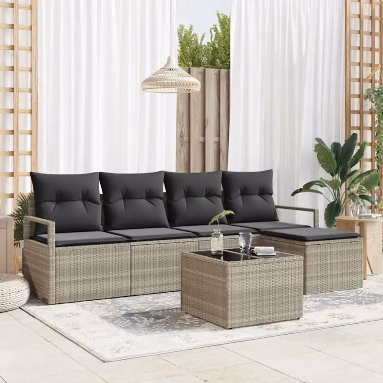 Set di divani da giardino vidaXL a forma di L in rattan grigio con cuscini e tavolino da esterno