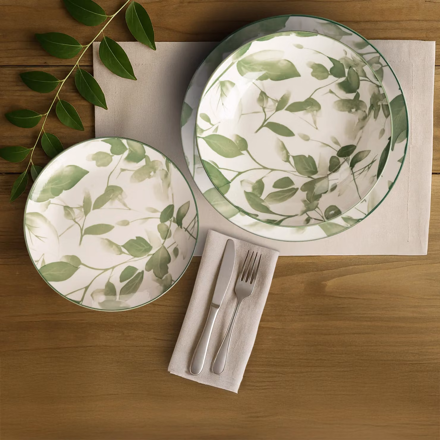 Servizio di piatti Hèliette Gusto Casa in porcellana, 18 pezzi, decoro floreale bianco e verde – 2