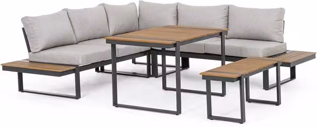 Set da giardino angolare moderno Bizzotto con divano a due posti, elemento d'angolo e tavolino da esterno in alluminio verniciato a polvere, colori grigio o marrone