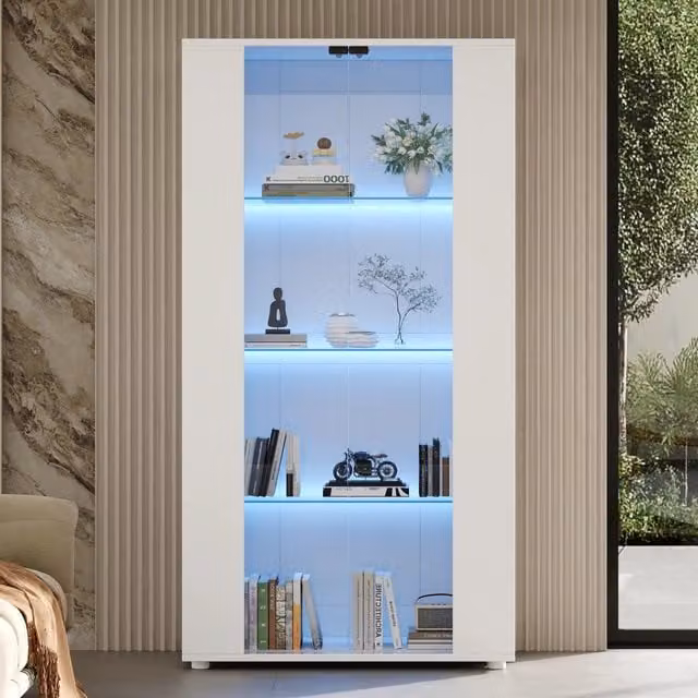 Vetrina con 2 ante in vetro, 4 ripiani e illuminazione LED regolabile, design moderno per soggiorno, bianco, 80x36x150 cm