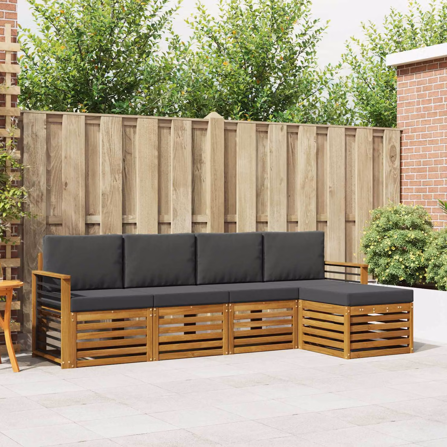 Set di divani da esterno a L vidaXL in legno di acacia con pouf e cuscini, Antracite e Beige