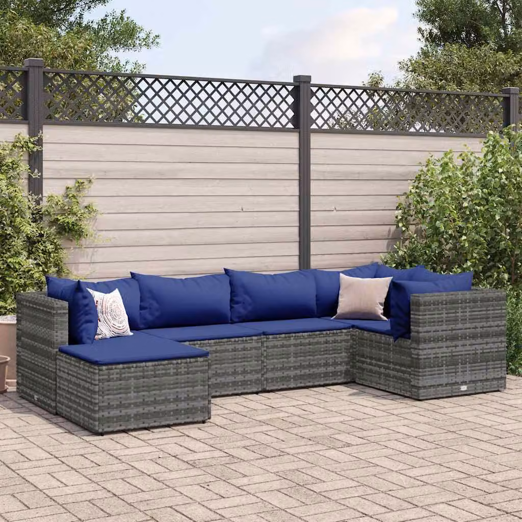 vidaXL Set Divani da Giardino a L con Ottoman 6 pz in Polyrattan Grigio e Blu con Cuscini – 1