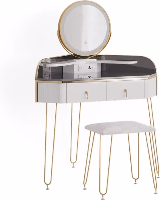 Tavolo da trucco ad angolo Amira Bianco lucido 99 cm con specchio LED e sgabello Vicco