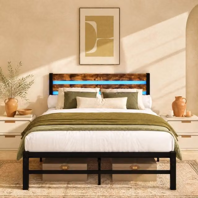 Letto matrimoniale REDOM in MDF e metallo con illuminazione LED sottostante, stile industrial, marrone, L 120 cm x P 200 cm