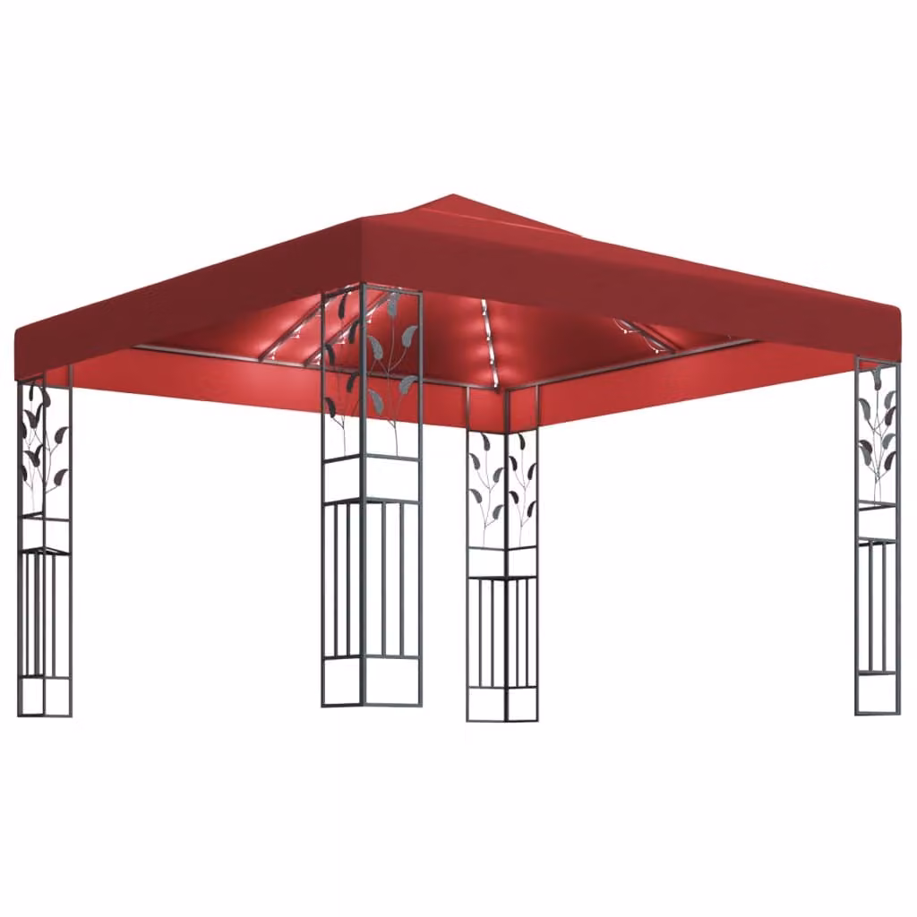 Gazebo con Stringa di Luci LED 3x3 m Rosso Vino