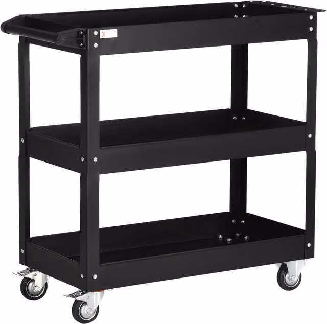 Carrello porta attrezzi DURHAND in acciaio a 3 livelli con bordi alti e 4 ruote girevoli, Nero, L 83 cm x P 35,3 cm x H 76 cm – 1
