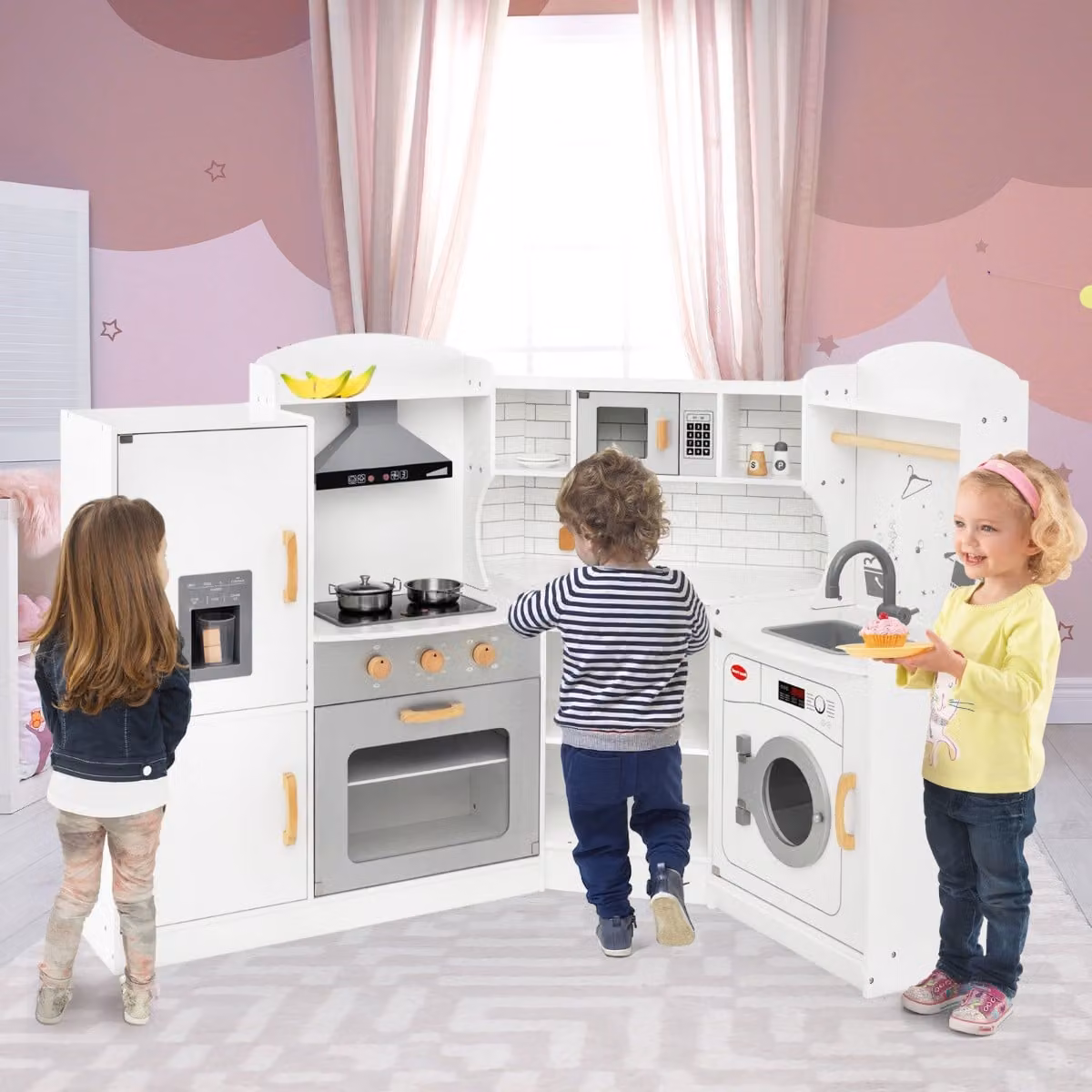Cucina giocattolo d'angolo Costway in legno con macchina del ghiaccio, microonde e forno, colore bianco