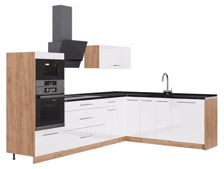 Cucina angolare completa Vicco Fame-Line Bianco lucido/Rovere dorato 287 x 207 cm, PL Antracite, Model 63513