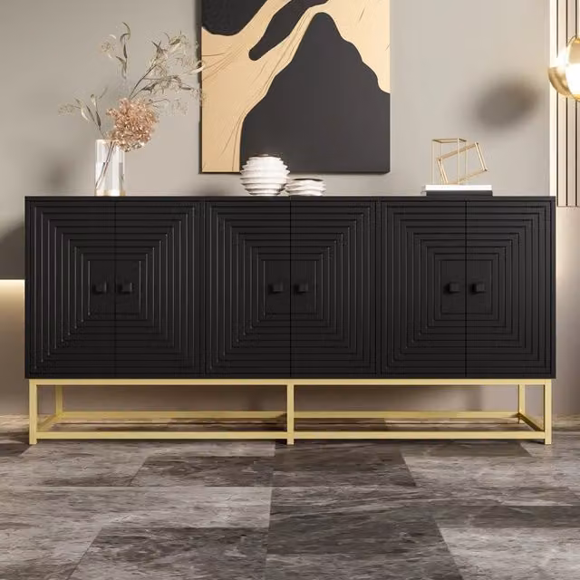 Credenza moderna MODFU nera opaca in MDF e metallo L: 160 cm, P: 38 cm, H: 75,5 cm