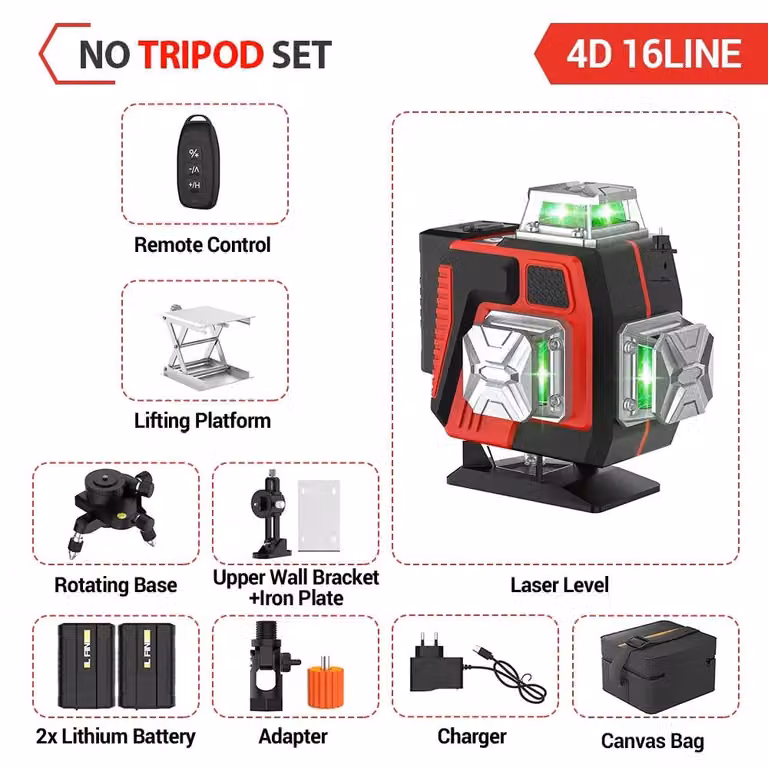 Livella laser - 4D, 16 linee - Autolivellamento 3° - 360° orizzontale e verticale - Raggio laser verde - Batteria inclusa - Custodia in tessuto