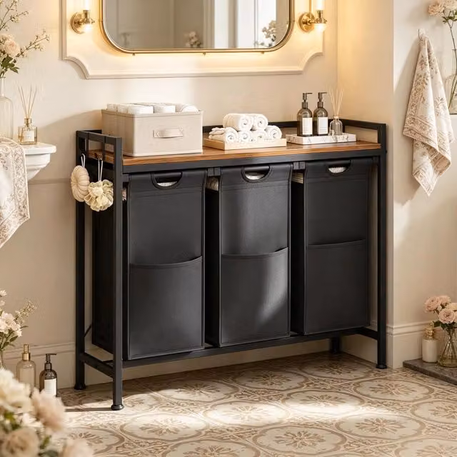 Portabiancheria REDOM con 3 cestelli estraibili, L 96 cm x P 30 cm x H 71 cm, Nero/Marrone