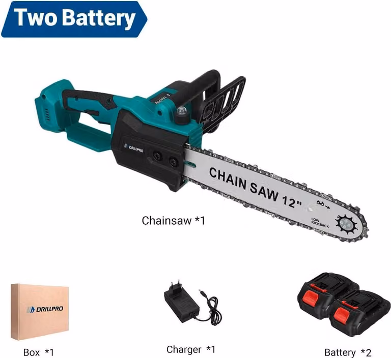 Motosega a batteria - Senza spazzole - Lama da 30 cm - 20 V - 6800 giri/min - 2 batterie - Caricabatteria UE - Verde chiaro