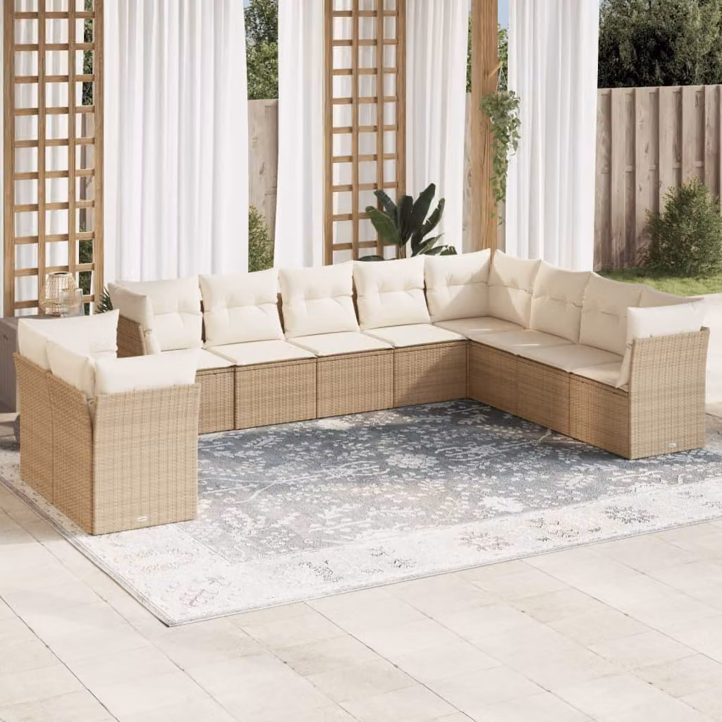 vidaXL Set Divano da Giardino 10 pz a forma di U con Cuscini Beige e Struttura in Metallo e Polyrattan – 1