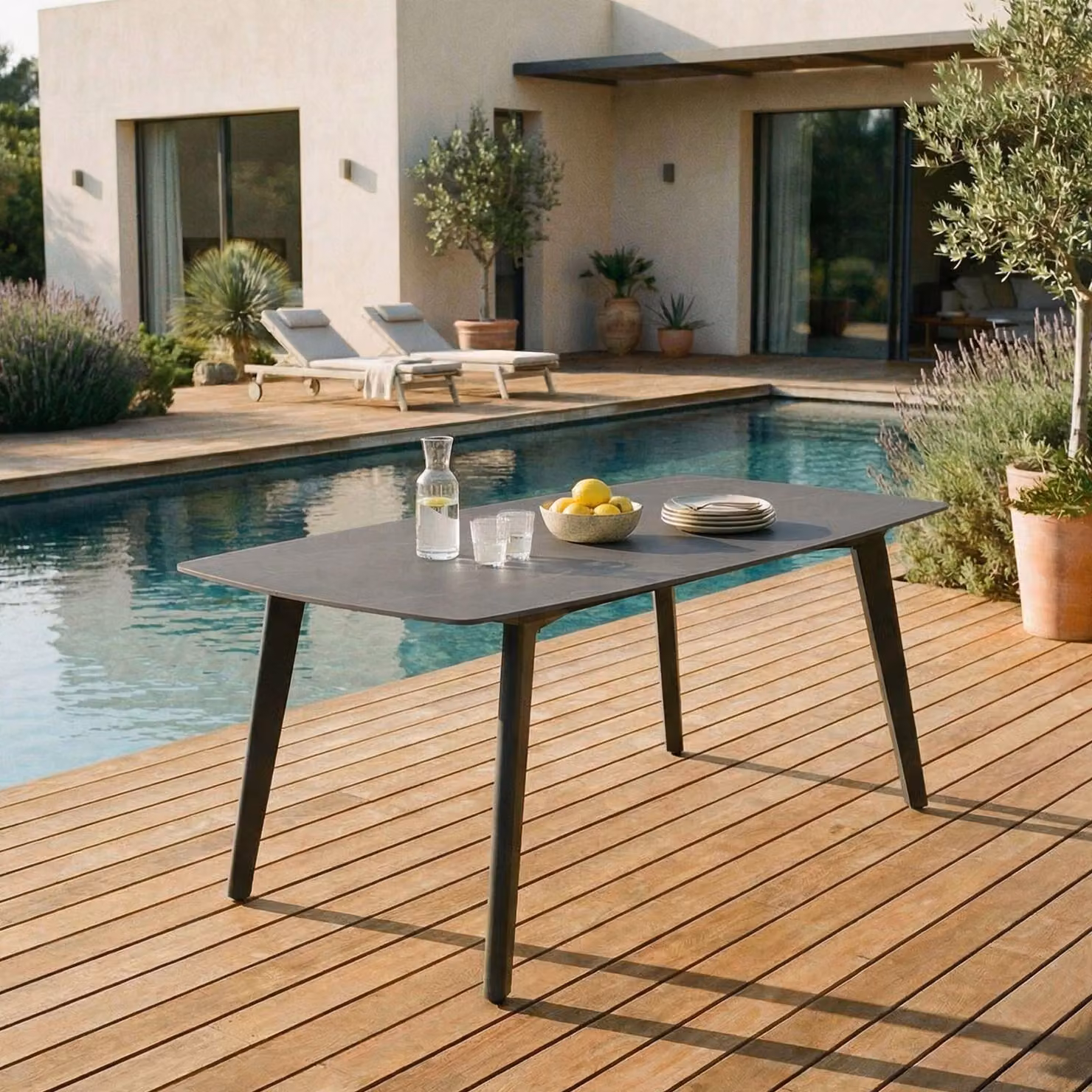 Tavolo da giardino MEZA con piano in Vetroceramica 180x90 cm, antracite – robusto tavolo da terrazza in pietra sinterizzata e alluminio per giardino, balcone e terrazza, resistente alle intemperie e di facile manutenzione
