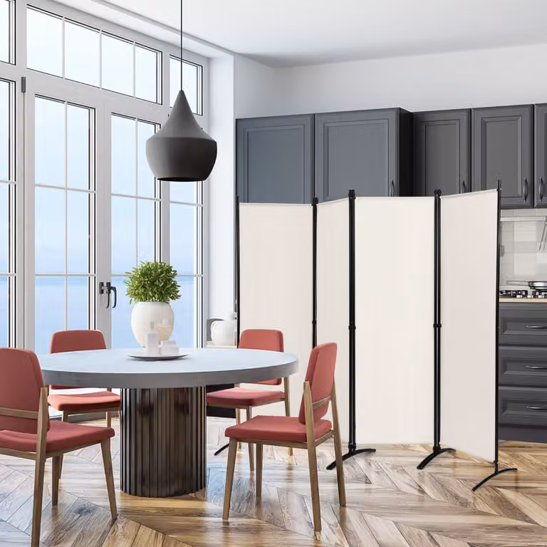 Costway Paravento a 4 pannelli da interno in metallo, Divisorio pieghevole con piedini stabili 220x173cm Beige
