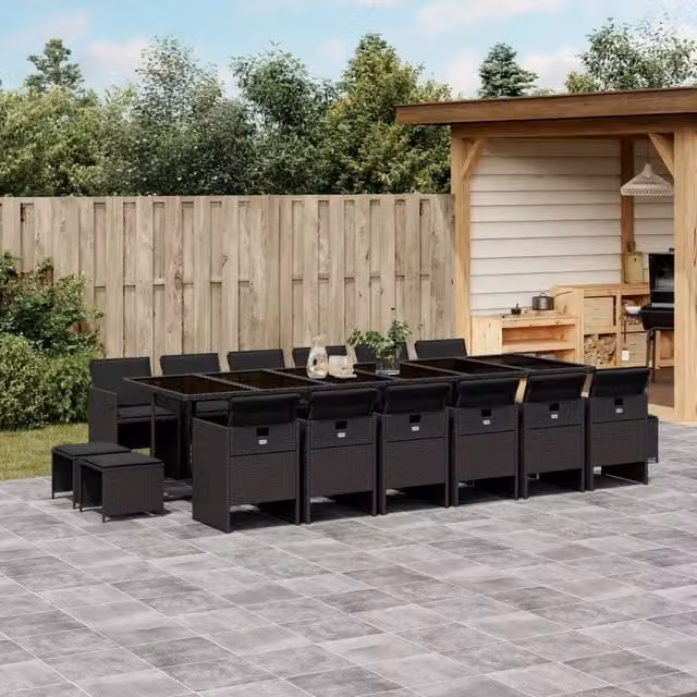 Set da pranzo da giardino vidaXL in polyrattan nero con cuscini e tavolo in vetro, 17 pezzi – 1