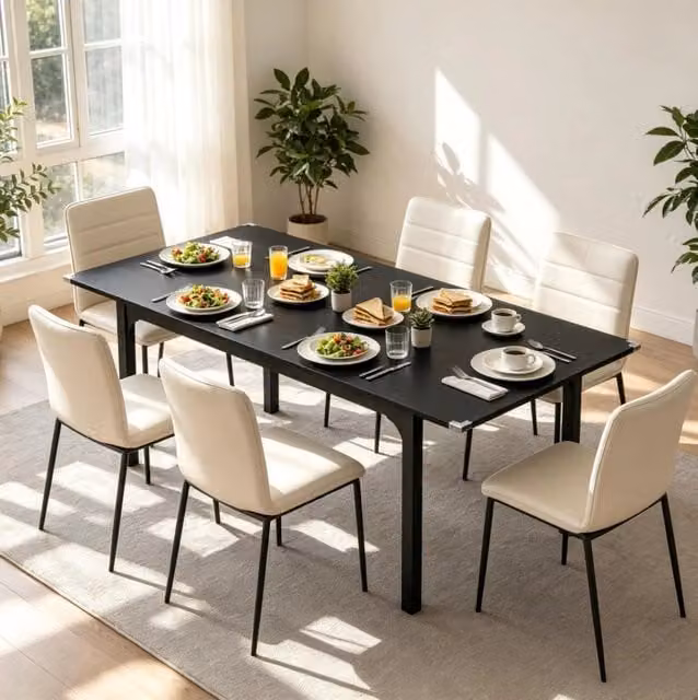 Tavolo da pranzo allungabile per 4-6 persone con piano in MDF nero e gambe in acciaio