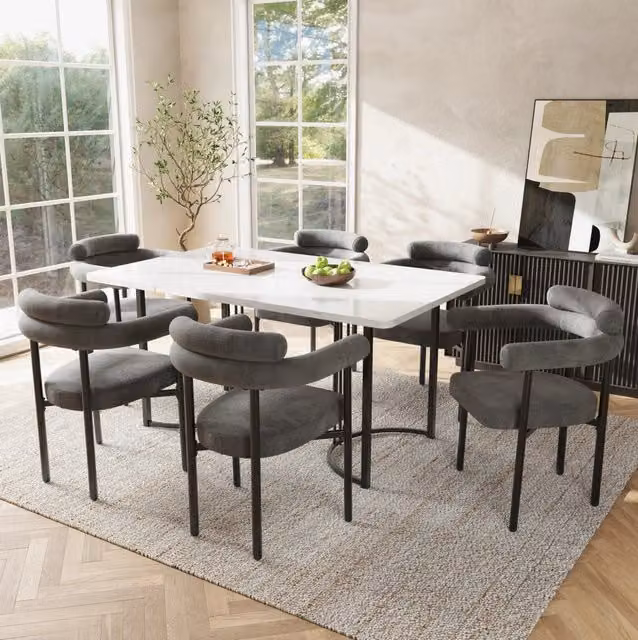 Set tavolo da pranzo 140x80 cm con 6 poltroncine in velluto grigio scuro e bianco