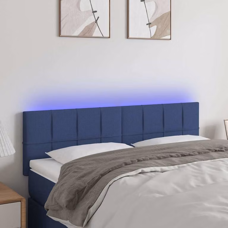 Testiera per letto vidaXL in tessuto blu con illuminazione LED e porta di ricarica USB, L 144 cm x P 5 cm x H 78-88 cm