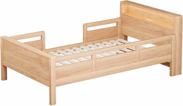 Letto singolo per bambini in legno di pino marrone con barriera, porta USB e Type-C, luce LED integrata e mensola, L/P/H: 200 x 90 x 95 cm
