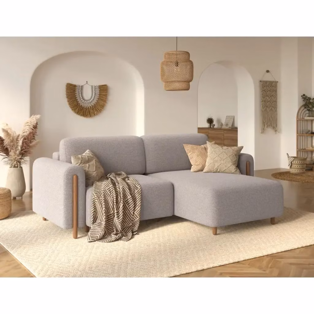 Divano angolare convertibile ARVESSA MEUBLORAMA color sabbia con angolo destro, struttura in legno di quercia e seduta con contenitore sollevabile – 2