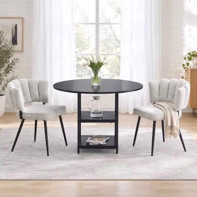 Set da pranzo Mivray composto da tavolo rotondo nero con ripiani e 2 sedie in tessuto grigio chiaro per 2 persone