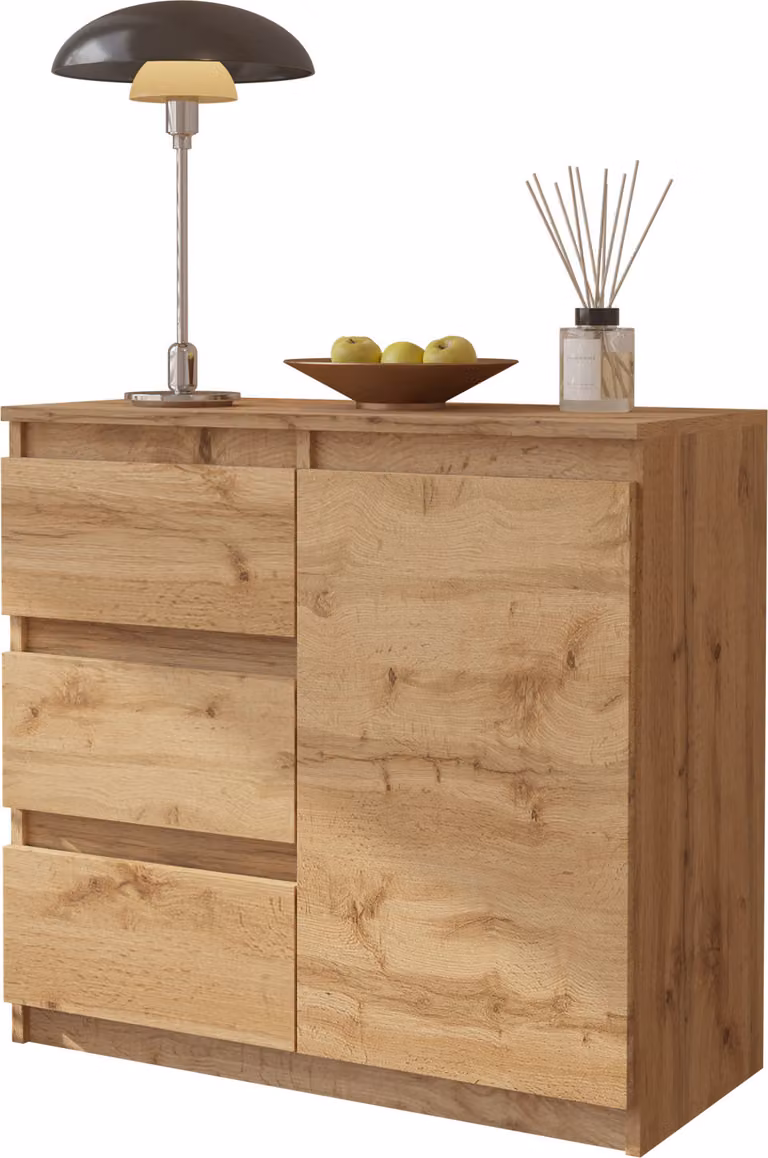 FURNICA - MIKEL - Cassettiera / credenza con 3 cassetti e 1 anta - rovere Wotan H75cm L80cm P35cm