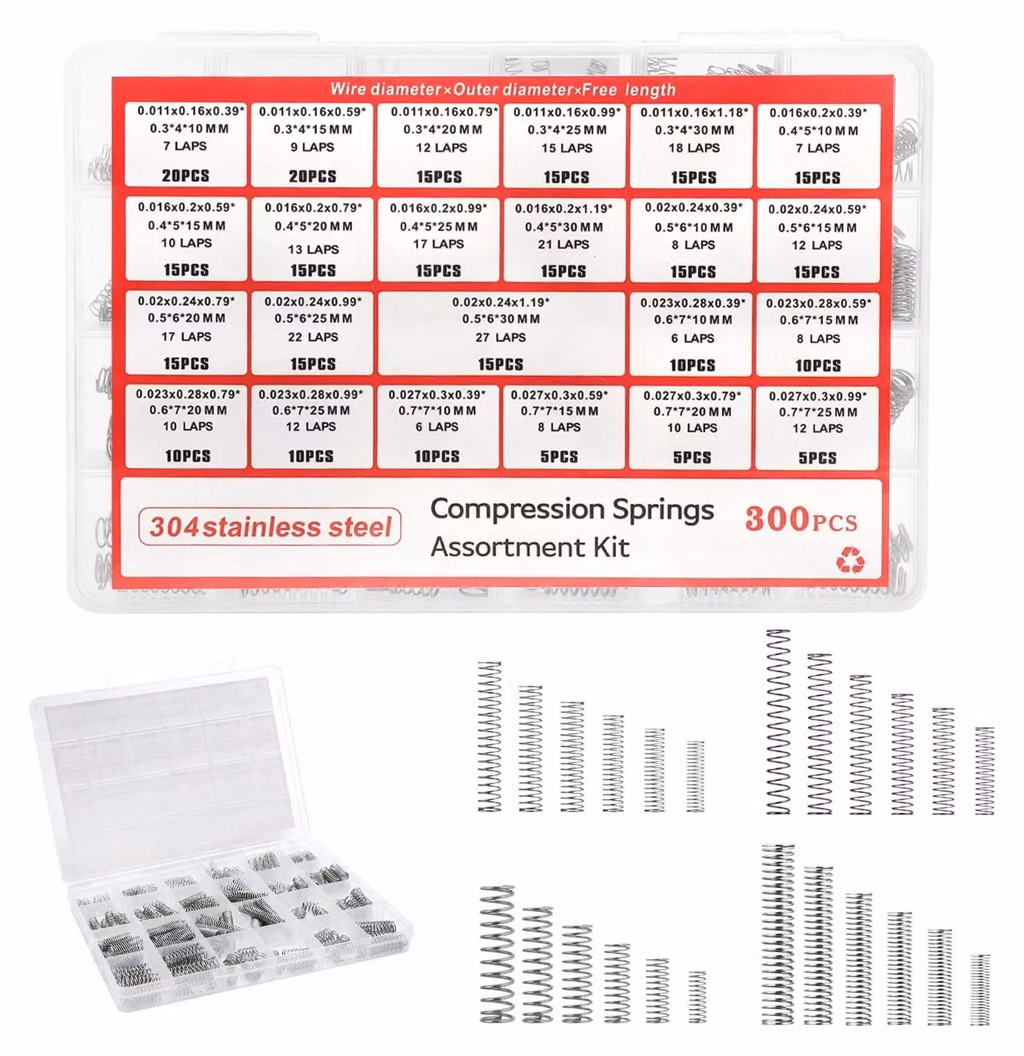 Set di molle a compressione, 300 pezzi, 23 dimensioni, acciaio inossidabile