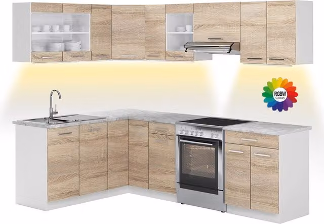 Cucina ad angolo moderna Vicco R-Line Sonoma e Bianco con illuminazione LED integrata L 247 cm x P 167 cm