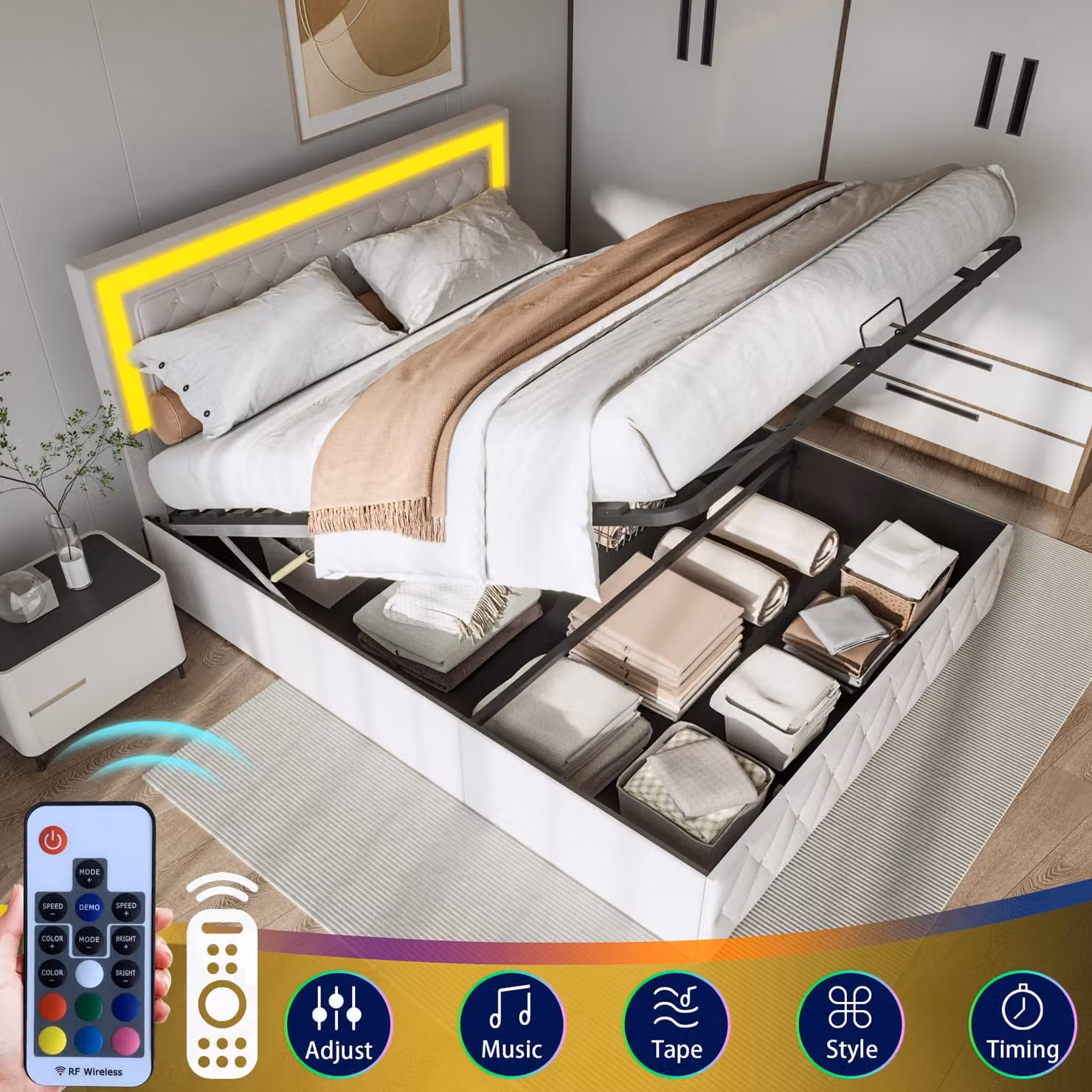 Letto imbottito con boxspring, dimensioni 140x200 cm, con illuminazione LED, letto matrimoniale con sistema idraulico e spazio contenitore, struttura letto per giovani con cassettone e rete a doghe, rivestito in velluto color beige