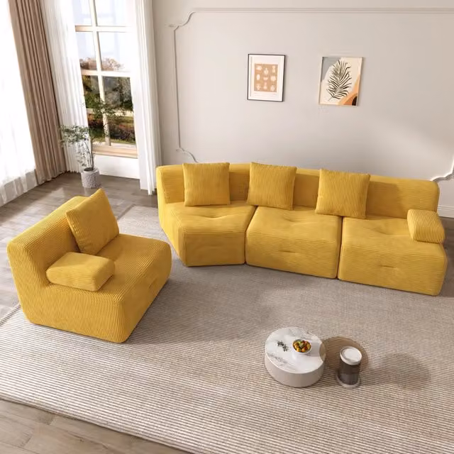 Divano modulare REDOM a 4 posti in velluto a coste giallo brillante L/P/H: 311 x 90 x 65 cm