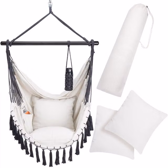 Poltrona sospesa DETEX in stile boho con cuscini inclusi, disponibile nei colori beige, grigio o bianco, L: 170 cm, P: 100 cm, H: 150 cm