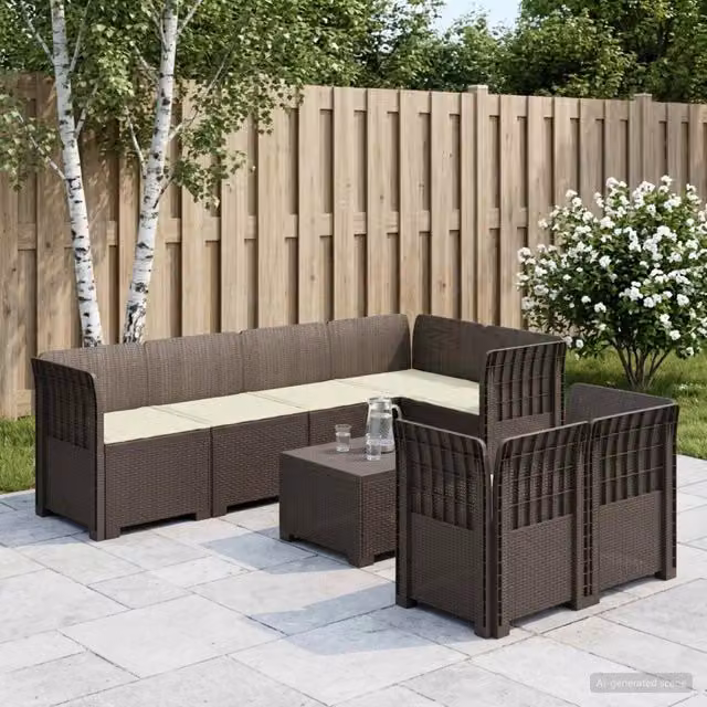 Set da giardino moderno vidaXL con divano angolare a L da 7 posti in polyrattan con cuscini beige e grigi resistenti ai raggi UV – 1